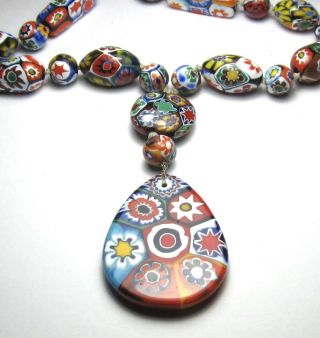 30 " Hand Knotted Necklace Of Stunning Mixed Venetian Millefiori Vintage Beads