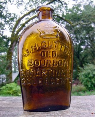 Extremely Rare Western " Cutter / Old Bourbon / E.  Martin / Sole Agents " Flask