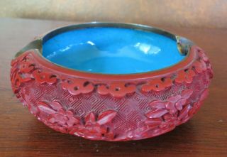 Vintage Chinese Carved Cinnabar Lacquer Blue Enamel Ashtray