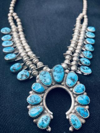 Vtg Navajo Squash Blossom Sterling Silver And Turquoise Necklace,  Stamped Cb