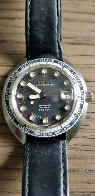 Vintage Bulova Snorkel Oceanographer Automatic 666 Feet Wrist Watch Devil Diver