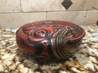 Japanese Lacquer Box Wood Carved Red Fish Koi Vintage 7” Round Japan Art Old