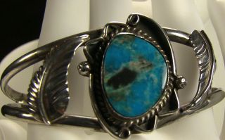 Vintage Navajo Morenci Turquoise Sterling Silver Leaf Cuff Bracelet