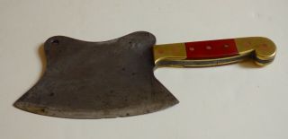 ° Rare Antique German Brass - Bolstered Meat Cleaver/butcher Knife W/wood Ca.  1860
