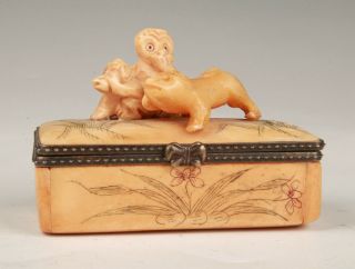 Precious Chinese Cattle Bone Jewelry Box Hand - Carved Monkey Handicraft Gift