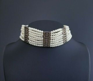 Vtg 925 Sterling Silver Multi Strand Pearl Marcasite Panel Choker Necklace,  68g