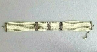 VTG 925 Sterling Silver Multi Strand Pearl Marcasite Panel Choker Necklace,  68g 3