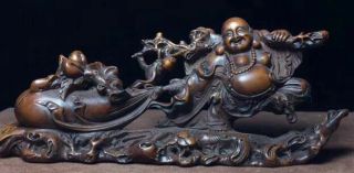 China Collectable Boxwood Carve Smile Buddha Carry Fortune Bag Handwork Statues