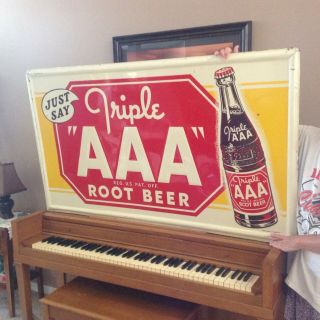 Huge Vintage Aaa Root Beer Soda Pop Gas Station 57 " Embossed Metal Sign