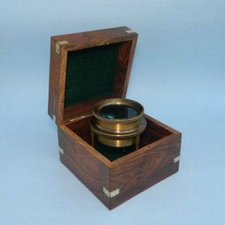 Vintage Brass Magnifier Glass Lens Round Tabletop With Wooden Box