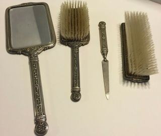 4 Pc Sterling Silver Vanity Set Antique Mirror Brushes Nail File Ornate Monogram