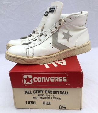 Vintage Converse Pro Hi Top Shoes Sz 8.  5 All Star Basketball White Leather 80s