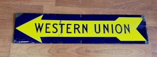 Antique Western Union Blue & Yellow Porcelain Single Side Sign 1940 