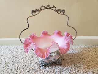 Antique St.  Louis Silver Co Plate Brides Basket With Pink Hand Ruffle Bowl