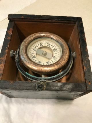 Antique Maritime Nautical Floating Compass In Wooden Box George Luzier Estate