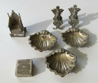 Antique/vintage Silver Dollhouse Miniature Shell Dishes,  Throne,  Cats & Pill Box