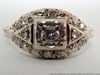 14k White Gold Vintage 1940s Art Deco Fine 0.  19tcw Diamond Ladies Filigree Ring