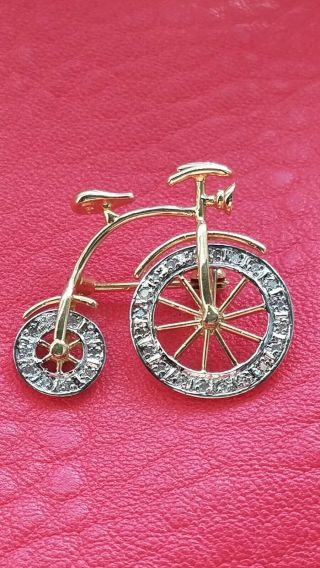 Vintage 14k Yellow Gold - 3d - Bicycle Diamond Spinning Wheels Pin Brooch
