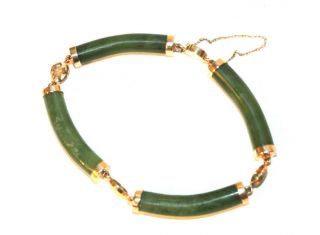 Vintage Chinese 14k Yellow Gold Green Jade Link Bracelet