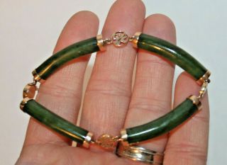 Vintage Chinese 14K Yellow Gold Green Jade Link Bracelet 2