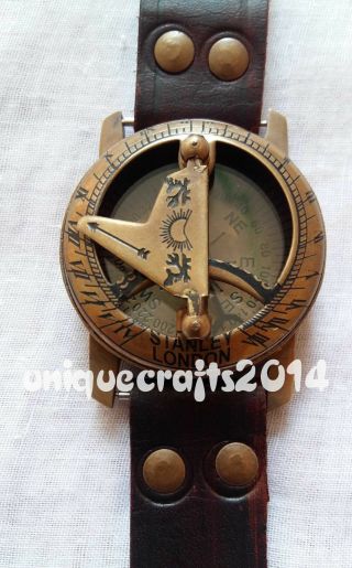 Vintage Brass Sundial Compass Wrist Watch Leather Strap Navigational Gift 2 "