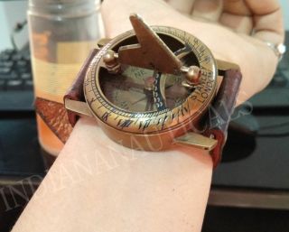 Vintage Brass Sundial Compass Wrist Watch Leather Strap Navigational Gift 2 