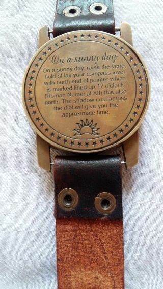 Vintage Brass Sundial Compass Wrist Watch Leather Strap Navigational Gift 2 