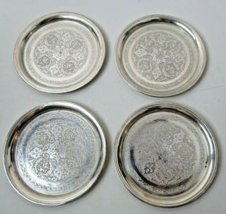 Set Of 4 Ornate Vintage Persian Solid Silver Drink Coasters Hallmarked