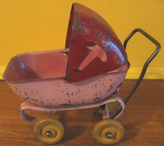Antique Miniature Baby Buggy Is The Wheel Deal Metal W/ Wood Wheels•reverse Top
