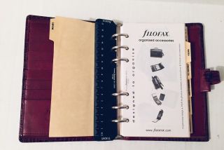 Burgundy Leather Crocodile Print Filofax Personal Ascot Organizer Vintage 1990s 5