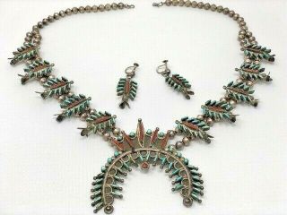 Vintage Sterling Silver Zuni Turquoise Stone & Coral Squash Blossom Necklace Set