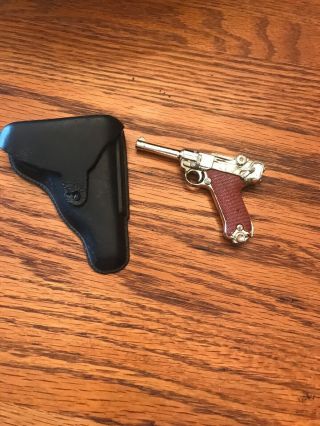 Vintage Marx Mini Toy Cap Gun Diecast Gold Luger W/black Plastic Holster