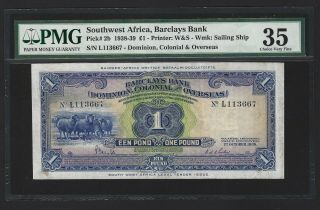 Southwest Africa 1 Pound 1938,  Barclays Extremely Rare Date Pmg 35 Vf,  P - 2b