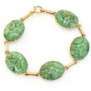 Vintage 14k Yellow Gold Carved Green Jade Floral Design Link Bracelet 15 Grams