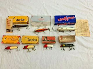 7 Vintage Fishing Lure Heddon Lucky 13 P&k Bright Eyes South Bend Sparx - Plug