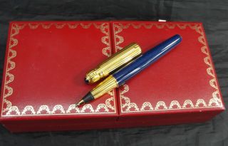Vtg 1988 Cartier Pasha Rollerball Ballpoint Pen Blue Lacquer Gold Plated W/box