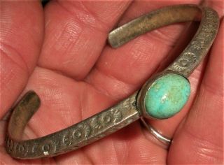 ANTIQUE c.  1920 NAVAJO COIN SILVER INGOT CARINATED BRACELET GREAT TURQUOISE vafo 2