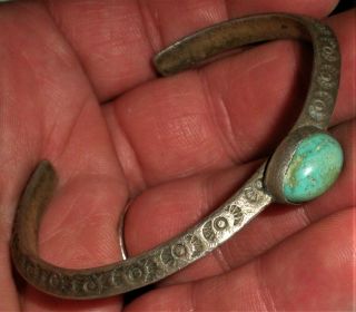 ANTIQUE c.  1920 NAVAJO COIN SILVER INGOT CARINATED BRACELET GREAT TURQUOISE vafo 3