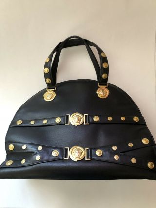 Rare Vtg Gianni Versace Black Bondage Medusa Belted Xxl Bag