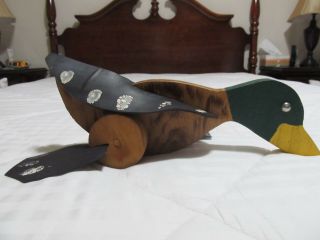 Vintage Handmade Rolling Duck Push Pull Toy Wood Wooden 3