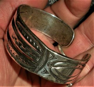 Antique C.  1920 Navajo Coin Silver Bracelet Deep Stamps Split Design Vafo