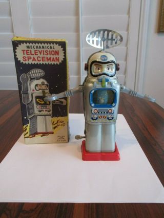 Vintage Mechanical Television Spaceman Robot W/ Box - Alps Japan 1960 