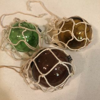 Japanese Green Glass Floats Antique Netted Set Of 3 2 - 2.  5” Fishing Balls Vintage