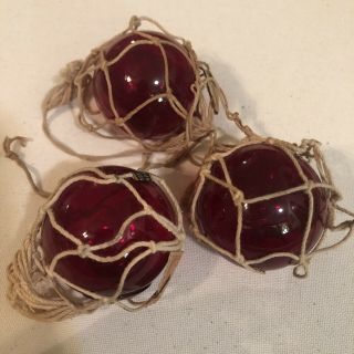 Japanese Red Glass Floats Antique Netted Set Of Three 2 " Fishing Balls Vintage