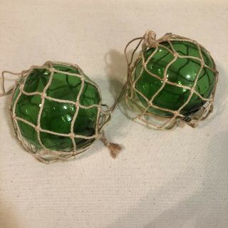 Japanese Green Glass Floats Antique Netted Set Of Two 3 " Fishing Balls Vintage