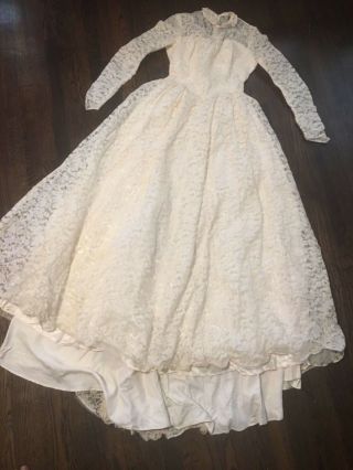 Vtg1950s Wedding Gown Lace Hi Low Train Sylvia Ann Bridal Full Circle