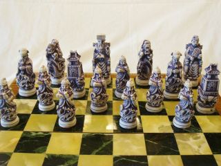 Very Rare Vintage Asian Chess Set Carved Painted Stone Historical Collectible