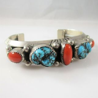Tim Kee Whitman Southwest Turquoise Coral Cuff Bracelet Sterling Signed 74.  8g 7 "