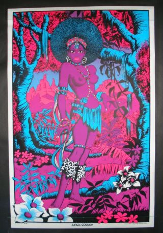 Vintage Jungle Goddess Blacklight Poster Nude Afro Girl Very Rare 1973 Nos