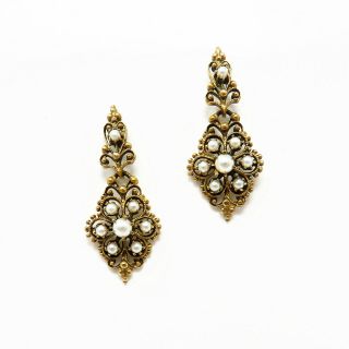 Nyjewel Estate Vintage 14k Yellow Gold Pearl Dangle Stud Earrings 39x6mm 7.  8g
